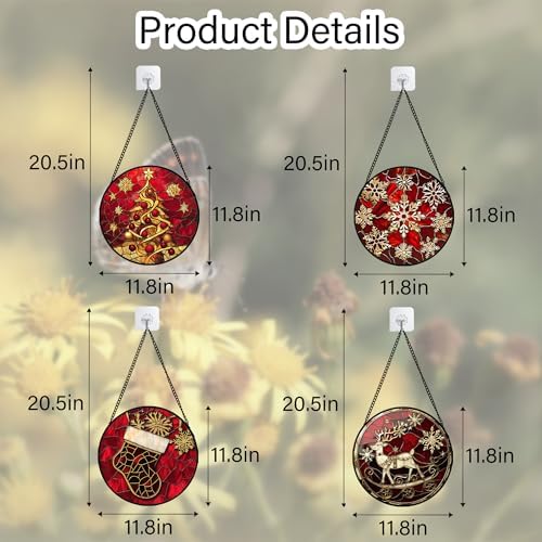 DASTOLL Stained Glass Window Hanging 4 Pcs Set Red Christmas Elk Snowflakes Large 11.8" - Deer Suncatcher Door Garden Sun Catcher Decor Birthday for Mom Woman Nana Men Friend - Image 6