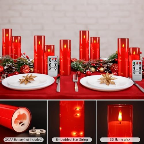 12‑Pack Red Flameless LED Candles(D 2.2" xH 5" 6" 7") with Embedded String Lights,Acrylic Pillar Candles with 2 Remote Timers, Battery‑Operated for Christmas, Halloween & New Year Decor. - Image 4