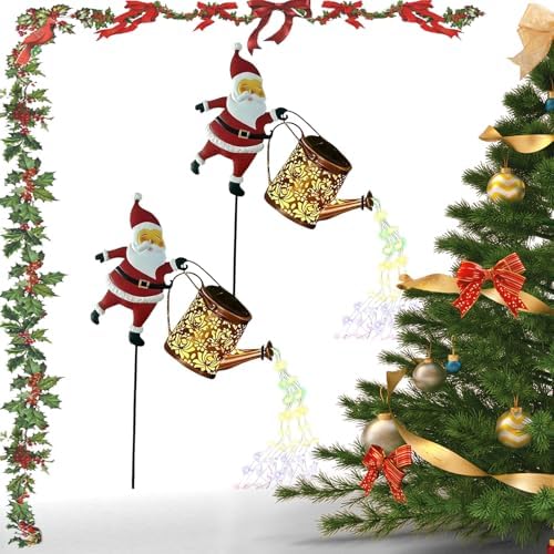 Christmas Solar Kettle Lights Garden Lawn Decorative Lights, Waterproof Hanging Christmas Santa Solar Kettle Light, Watering Can with Cascading Lamp, Stake for Garden Decor (Rainbow Light, 2 Pcs) by Unknown