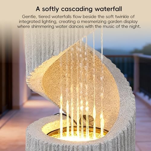 Modern S-Shaped Outdoor Fountain with LED Light, 30” Tall Spiral Column Waterfall Feature with Flat Top for Plant Display, Decorative Water Fountain for Garden, Patio - Image 3
