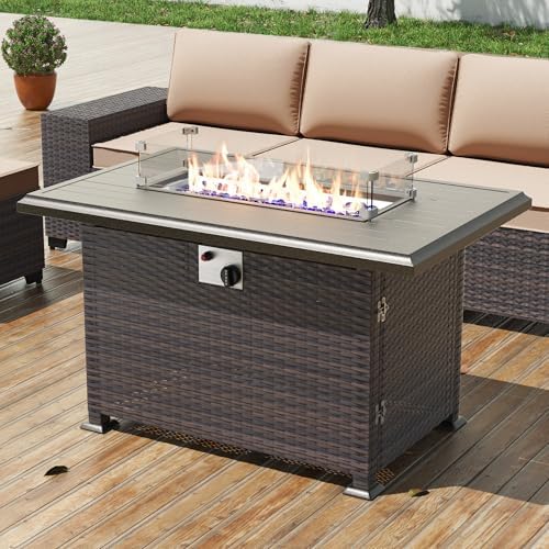 43" Wicker Outdoor Propane Gas Fire Pit Table with Rectangle Fire Pit Lid,55000 BTU Auto-Ignition Table Fire Pit w/Glass Wind Guard, Glass Rock for Outdoor,ETL Certified - Image 7