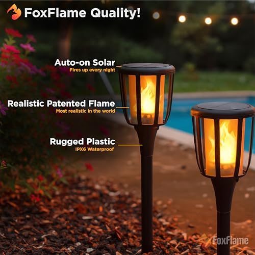 FoxFlame Rustic Solar Torch Lights, Solar Tiki Torches,Patented Fire Effect - Image 3