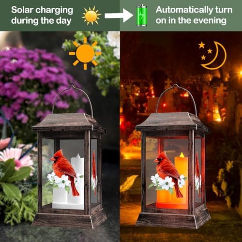 Solar Lanterns Outdoor Hanging Lanterns, Metal with Glass Cardinal Solar Lights, Waterproof Decorative Lantern Garden Decor for Outside Table Patio Yard, Memorial Gifts Grave Decorations for Cemetery - Image 3