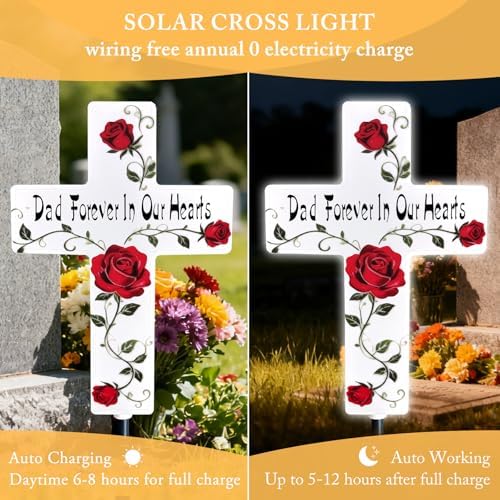 Solar Cross Light, Rose Flower Dad Grave Decorations for Cemetery - Image 2