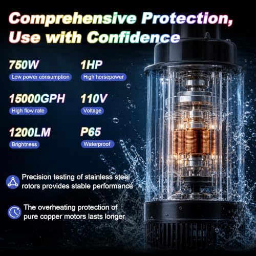 Pond Fountain Aerator, with 2 RGB Lights 1HP 110V 15000 GPH Pond Fountain Pump with Lights, Fully Automatic Lake Floating Fountain, 100 FT Power Cord, Pond Fountains for Small Large Ponds Lake - Image 5