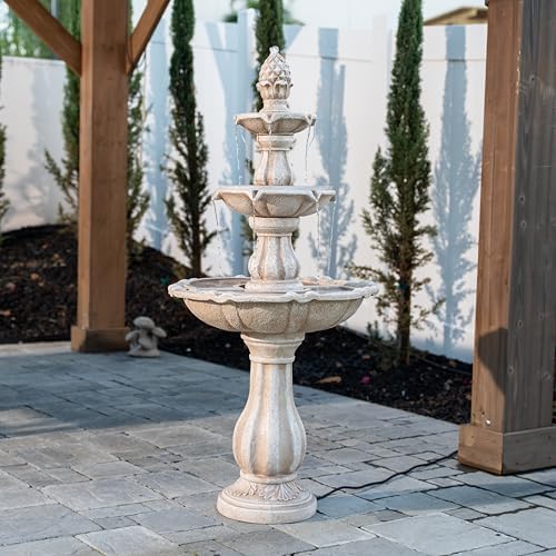 XBrand 51" 3-Tier Outdoor Water Fountain with Pump, Weather-Resistant Resin Freestanding Water Feature for Garden & Patio, Beige, Large Backyard Decor - Image 4