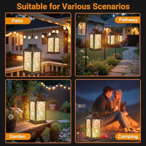 Solar Lantern Outdoor Garden Hanging Lantern Pastel Lovebirds Perched Spring Pink Peonies Elegant Botanical Waterproof Solar Powered Lighting Outside Table Lamp for Patio Deck Yard Camping - Image 5