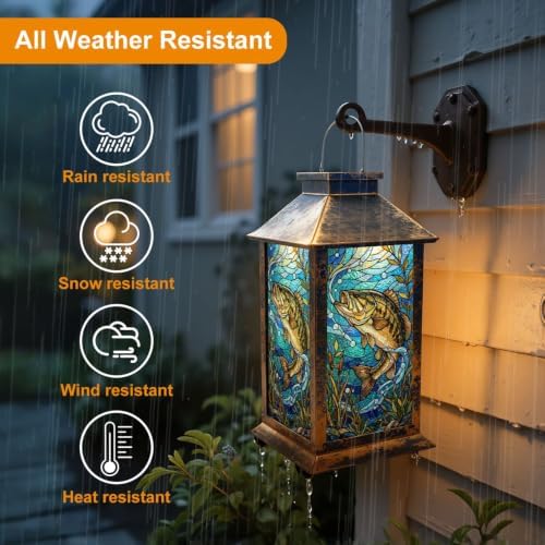 Solar Lantern Vibrant Stained Glass Design Bass Fish Aquatic Fishing Lovers Garden Hanging Lantern Waterproof Solar Powered Lighting Outdoor Table Lamp for Deck Yard Patios Trees Decor - Image 5
