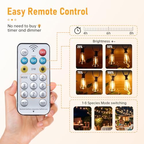 Solar String Lights Outdoor Waterproof, 100FT Solar Powered Outdoor Lights with Remote, 52 Shatterproof with Edison Bulbs, LED String SolarLights for Garden, Backyard, Parties - Image 4