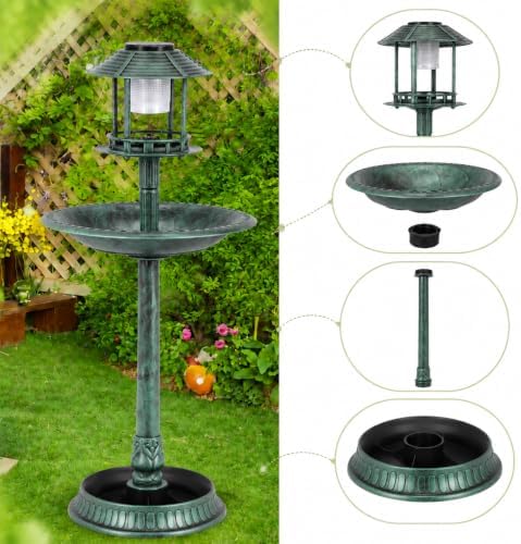 LDAILY Outdoor Bird Bath, 42’’ Solar Lighted Pedestal Birdbaths with Birds Feeder ,20’’ Water Bowl, Flower Planters and 3 Stakes, Attract Birds Antique Bird Bath for Outside Garden, Yard (Green, 42‘’) - Image 2
