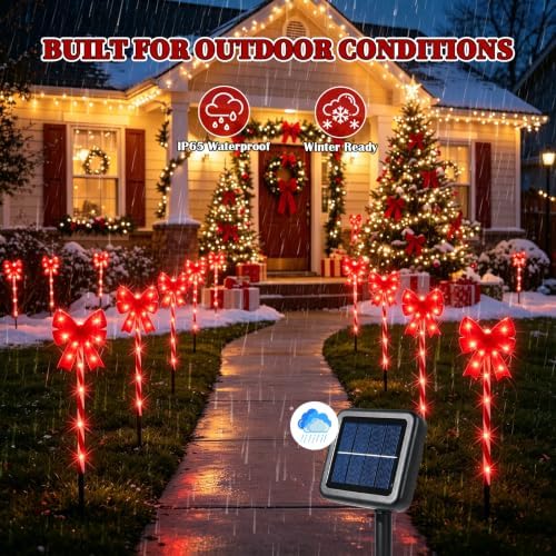 Solar 5PCS Christmas Bow Outdoor String Lights with Stakes Decor Red - Image 3