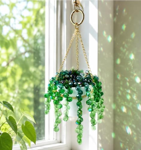 Green Beaded Plant Sun Catchers Crystal Beads Plants Hanging for Window by ApisNest
