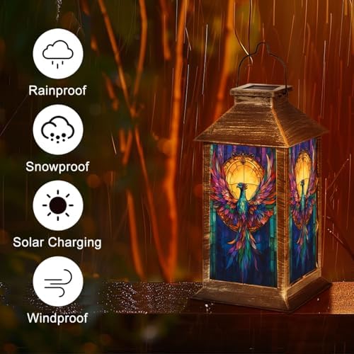 Solar Lantern Colorful Stained Glass Vibrant Feather Sunset Rising Flame Bird Winged Outdoor Waterproof Hanging Solar Light Outside Lights for Patio Yard House Lawn Decor Birthday Gifts for Women Mom - Image 5