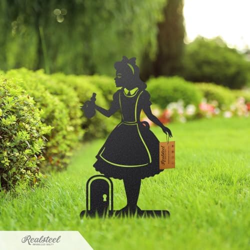 RealSteel Storybook Metal Garden Stakes, Set of 3, Curious Girl, White Rabbit and Mad Hatter Tea Party Yard Art Silhouettes, Handcrafted in Texas, Black - Image 3
