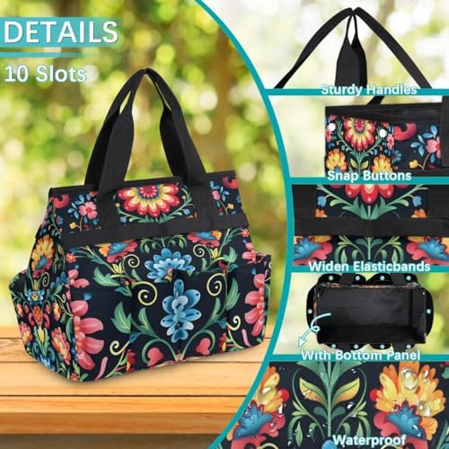 Mexican Flowers Garden Tool Bag, Garden Tote Storage Bag with 10 Pockets, Indoor and Outdoor Colorful Mexican Gardening Tool Organizer for Women Men - Image 5