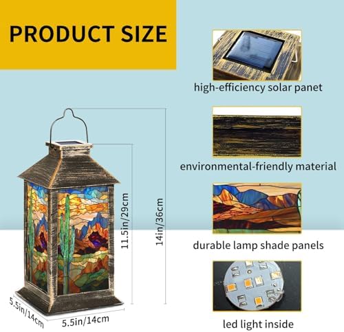 Solar Lantern Stunning Stained Glass Western Landscape Textured Cactus Outdoor Waterproof Garden Hanging Lantern Solar Powered Lighting Outside Table Lamp for Patio Deck Camping 1 Pack - Image 6