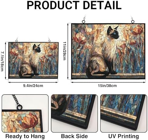 Rectangle Mosaic Siamese Cat On Windowsill Stained Glass Window Hanging Sun Catcher Halloween Haning Ornament Decoration Christmas Birthday Gifts for Lover, Friends - Image 3