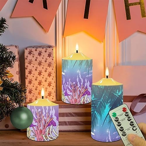 Cozeyat Flickering Flameless Candles with Timer, Seaweed Palm Leaf Scenery Print Flameless LED Candles Set of 3, Unscented Flameless Bullet Floating Candles for Party Decoration - Image 5