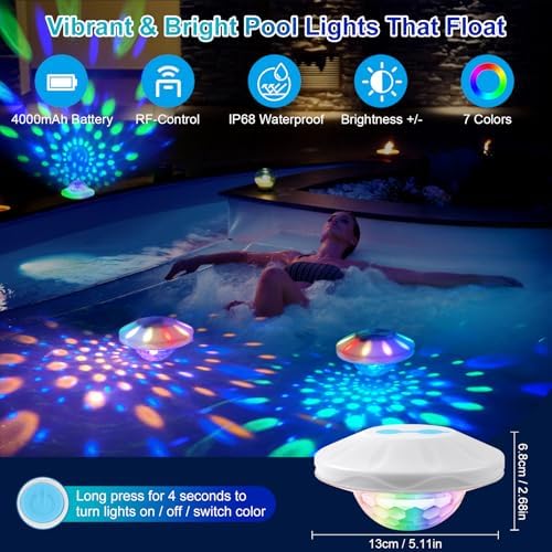 TEPENAR Rechargeable Floating Pool Lights: 2 Pack Pool Light that Float with RGB Color Changing Upper and Lower Floating Lights Remote Control IP68 Waterproof Bathtub Lights for Pond Garden Party - Image 3