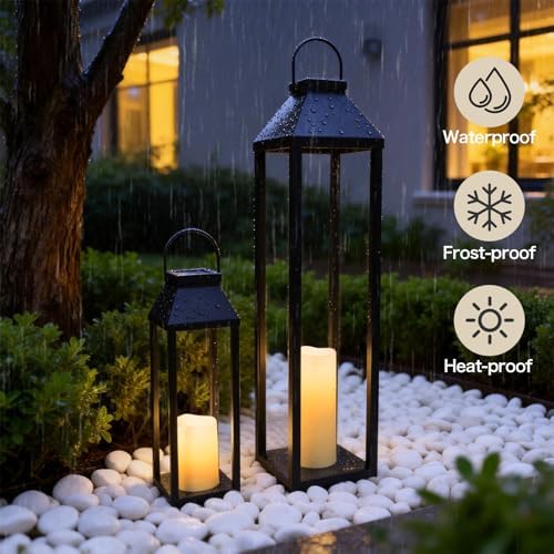 Large Outdoor Solar Lanterns Waterproof, Tall Farmhouse Black Metal Decorative Lanterns Solar Lights Outdoor for Front Porch Decor Outdoor Patio, Garden, Balcony, Porch, 27.6",16.3"-Set of 2 - Image 5