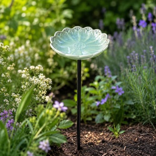 Ceramic Pollinator Watering Station for Garden, Flower Shaped Bee Butterfly Water Feeder Bowl on Stake, Outdoor Yard Decor, 1 Pack, Blush Pink - Image 7