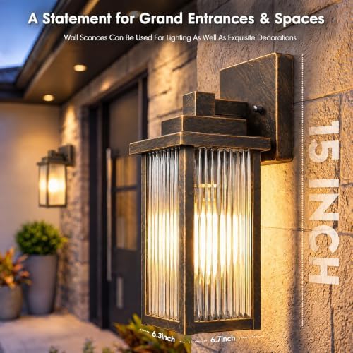 2-Pack 15" Black Brush Gold Outdoor Wall Light, Metal Porch Light - Image 4