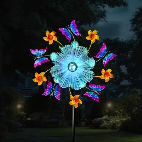 44" Butterfly Wind Spinners Garden Stake, Solar Flower Butterfly Wind Sculpture Yard Art Decorations for Lawn, Patio & Yard & Garden Decor, Metal Whirligigs Wind Spinners Outdoor Decor - Image 2