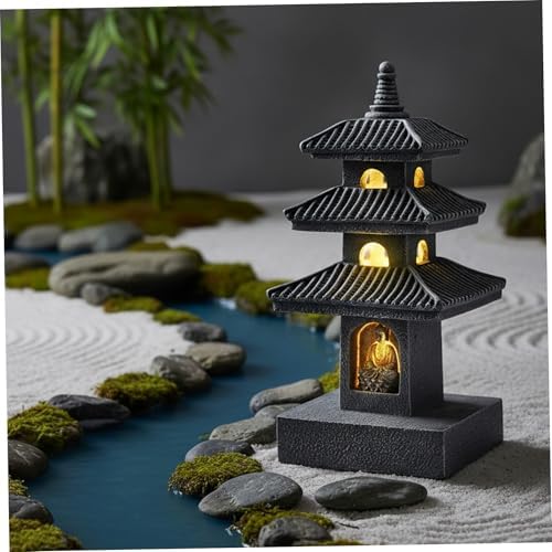 Pagoda Garden Statue, 10 Inch Weatherproof Solar Garden Decor, LED Light Zen Japanese Lantern for Backyard Balcony Patio Lawn Yard, Grey Pagoda Statue - Image 4