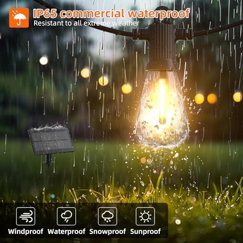 Kawaya Solar Powered String Lights for Outside: 100 FT LED Outdoor Patio Lights with USB-Charging - IP65 Waterproof Hanging Light - 50+2 Shatterproof Edison Bulbs for Bistro Cafe Camp Yard Balcony - Image 4
