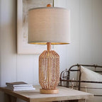OYEARS 21" Boho Table Lamp for Living Room, Bedside Lamp for Nightstands, Rattan Lamp for Bedroom, Farmhouse Table Lamp for Room Decor, End Table, Retro, Brown, 1 Pack - Image 3