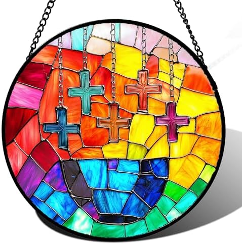 Stained Glass Window Hanging - Abstract Colorful Cross Sun Catcher for Door Terrace Garden Home Decor, Orange Red Suncatcher Birthday Gifts for Lovers Women Men Dad Mom Nana Nana 15 in by JOSUMALY
