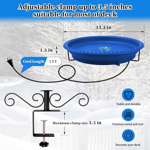 Heated Bird Bath for Outdoors Deck Railing, 100W Heated Birdbath, Blue - Image 5