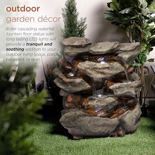 Alpine Corporation WIN734 31" Outdoor 6-Tier Rainforest Waterfall Fountain with LED Lights – Cascading Water Feature for Patio, Backyard, and Garden Décor, Gray - Image 4
