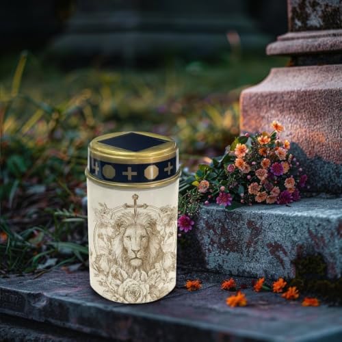 Poceacles Outdoor Solar Lights Solar Grave Candle Outdoor Waterproof Cemetery LED Candles for Cemetery Lawn Porch Outside Decoration, Retro Beige Lion Cross Rose, Set of 4 - Image 3
