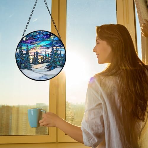 Aurora Winter Forest Stained Glass Window Hanging Suncatcher Gifts 12" - Image 3