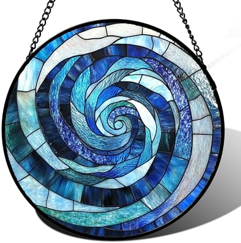 Blue Ocean Wave Stained Glass Window Hanging Suncatcher Gift for Women 9.8" by Follow