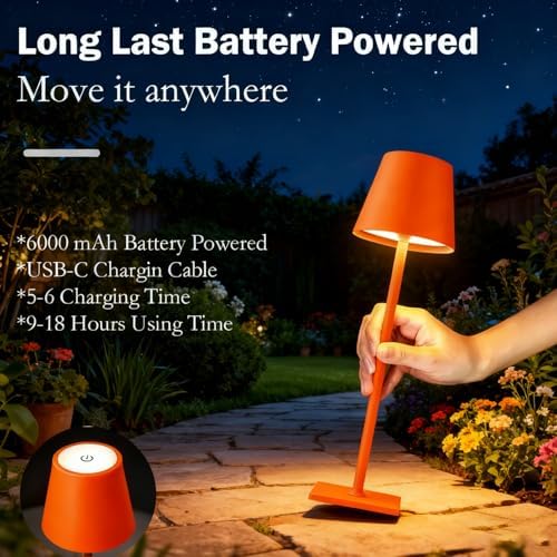 Orange Rechargeable Table Lamp Set of 2,Small Led Cordless Table Lamp,Outdoor Table Light for Restaurant Dining Table Top Tabletop Dinner,Retor Lamp Mid Century Morder Lamp,Vintage Lamps,Kitchen lamp - Image 2