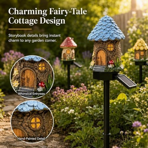 Solar Fairy-Tale Mushroom Cottage Garden Light, Whimsical Resin Fairy House Stake, Waterproof Warm Led Pathway Decor, Solar Powered Outdoor Landscape Lighting For Patio, Yard & Lawn (6PC-MIX) - Image 3