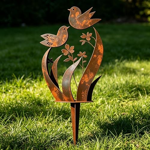 Bird & Wildflower Metal Garden Stake, Bird & Wildflower Metal Yard Art Flower Garden Stakes, Decorative Outdoor Plant Stake with Rusty Paint Process for Lawn Yard Garden Patio (1PCS) - Image 3