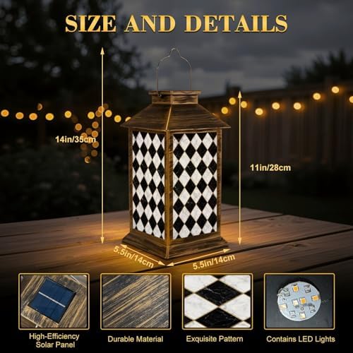 Solar Lantern Outdoor Waterproof White Black Check Marble Seamless Repeat Diagonal marbling Garden Decor LED Hanging Solar Lights Tabletop Lamp Gifts for Women Mom Outside Yard Patio Porch - Image 2