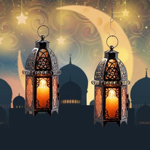 NEEDOMO Set of 2 Moroccan Lanterns Decorative Indoor & Outdoor, Hanging Candle Lantern, 11'' Vintage Candle Holder, Metal Lanterns Decorative, Table, Patio, Porch, Shelf, Gothic Home Decor (Amber) - Image 3