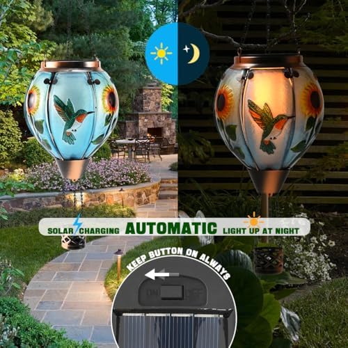 Hot Air Balloon Solar Lantern - Hummingbird Glass Lantern, Simulated Flickering & Dancing Flame, Outdoor Hanging Sunflower Yard Light Waterproof IP65 for Patio Lawn Porch Decor Gift - Image 3