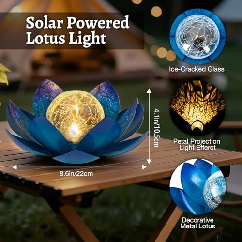 Huaxu Solar Lights Outdoor Garden Decoration Crackle Globe Glass Waterproof LED Metal Blue Lotus Flowers Gift for Mom,Women,Patio,Lawn,Walkway,Tabletop,Ground - Image 4