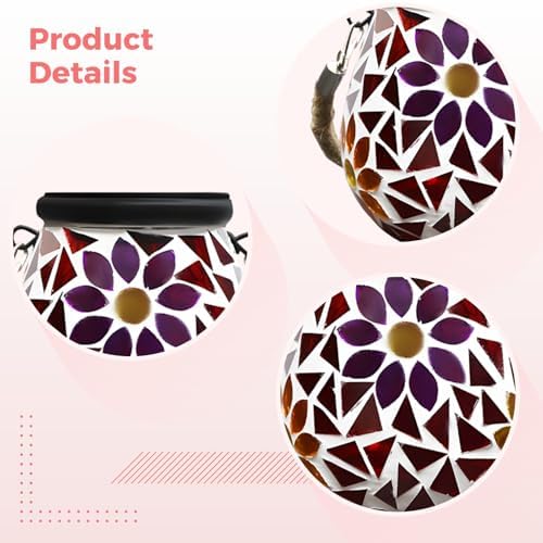 Mosaic Solar Lights Outdoor, Hanging Solar Lantern with Stained Glass Oval Flower Pattern, Tabletop Light, No Wiring, Auto On Off, 4.33 x 4.33 in, for Patio and Garden - Image 2