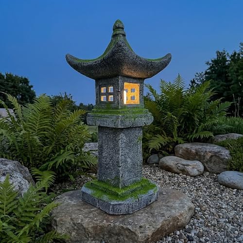 Solar Pagoda Lantern Statue Moss Covered 31.5”H LED Japanese Zen Decor by GRASOLAR