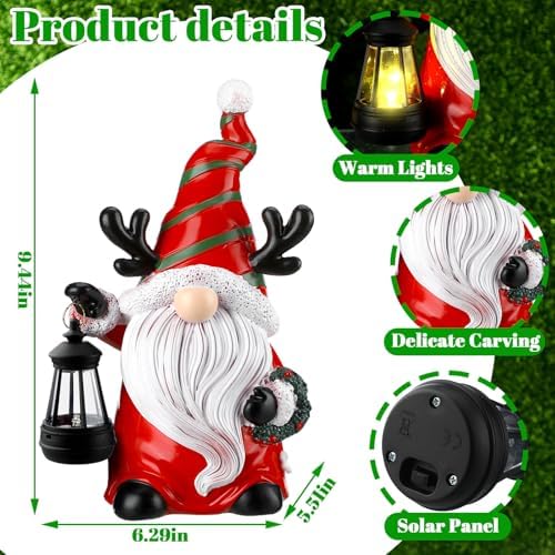 Suzile 2 Pack 9.4 Inch Gnome Statue Christmas Garden Decor with Solar Lights Resin Outdoor Christmas Decoration Figurine with LED Lantern Outside for Courtyard Lawn Patio Porch Housewarming Gift - Image 4