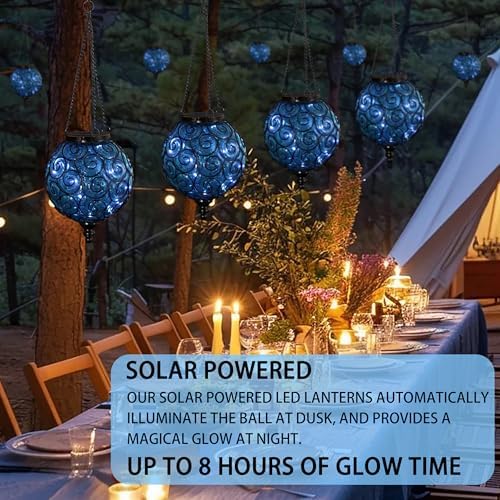 Solar Hanging Lantern Outdoor Garden Lights, Round Glass and Metal Hanging Lantern, 15 Firefly LED Lights, 7 x 20 Inch (Blue) - Image 4