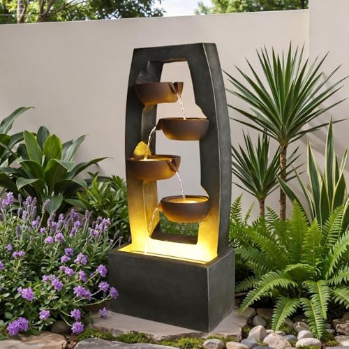 Outdoor Water Fountain with LED Lights, 4-Tier Cascading Waterfall Resin Garden Fountain for Patio, Yard, Porch, and Landscape Decoration by Secsofier