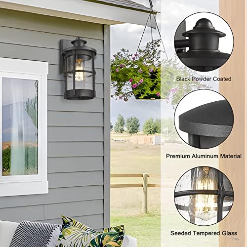 Outdoor Wall Sconces, Outdoor Wall Lights, Exterior Wall Mount Lighting, Wall Light Fixture in Black Finish with Seeded Glass (Black, 2 Pack) - Image 4