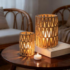 Rattan Boho Hurricane Candle Holder: Set of 2 Pillar Candle Holders with Glass Lanterns Cylinders—Farmhouse Decorative for Living Room, Table Centerpiece by CEDARLUX